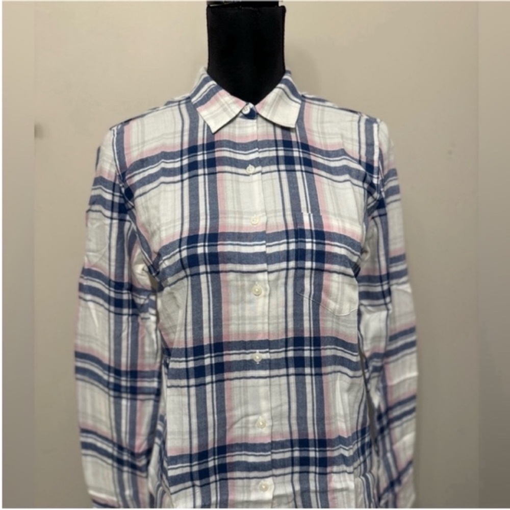 NWOT Untuckit Women’s Plaid Button-Up Casual Shirt in Navy, Pink & White Size 5